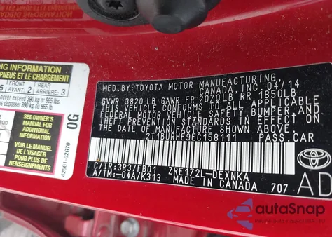 2014 Toyota Corolla Le z USA, uszkodzony, nr VIN 2T1BURHE9EC158111